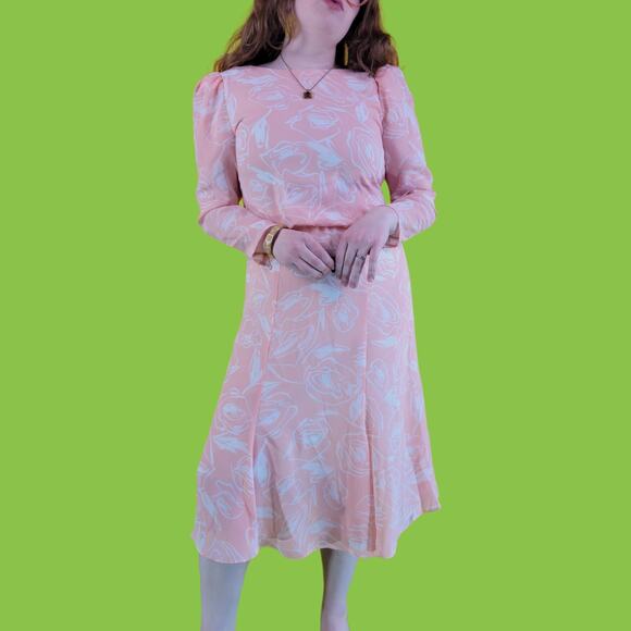 Vintage 80s Pastel Pink Alison Peters Abstract Floral Sheer Midi Dress, 10 - Picture 9 of 10